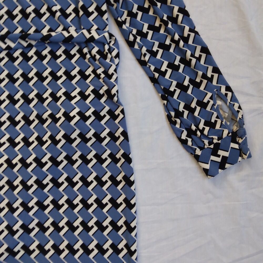Anne Klein Long Sleeve Sheath Dress Belted Blue Black Geometric Retro Size S - Picture 12 of 16